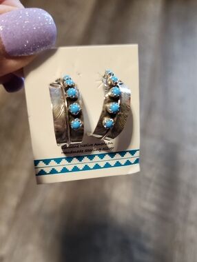 Handmade Sterling Silver Hoop Earrings with Turquoise Stones